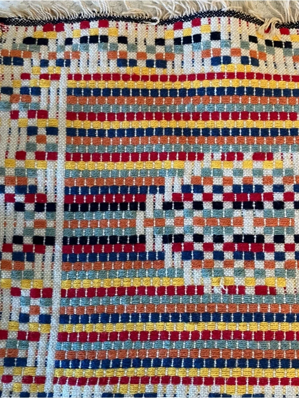 VTG Handmade Rag-Rug Woven Table Dresser Runner Primitive Farmhouse Fringe 12x29